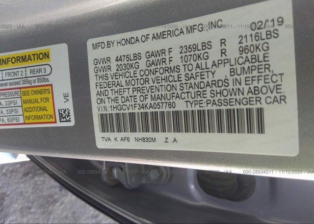 1HGCV1F34KA057760 2019 HONDA ACCORD SEDAN