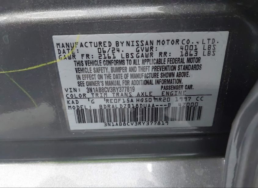 2024 NISSAN SENTRA SV XTRONIC CVT(VIN: 3N1AB8CV3RY377819