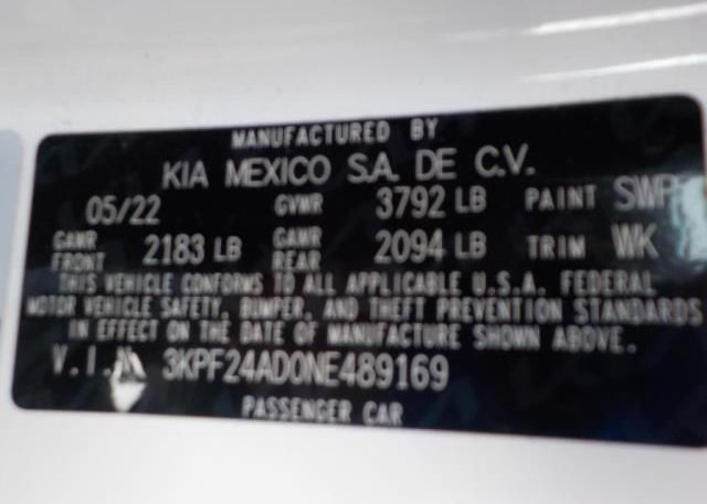 2022 KIA FORTE(VIN: 3KPF24AD0NE489169
