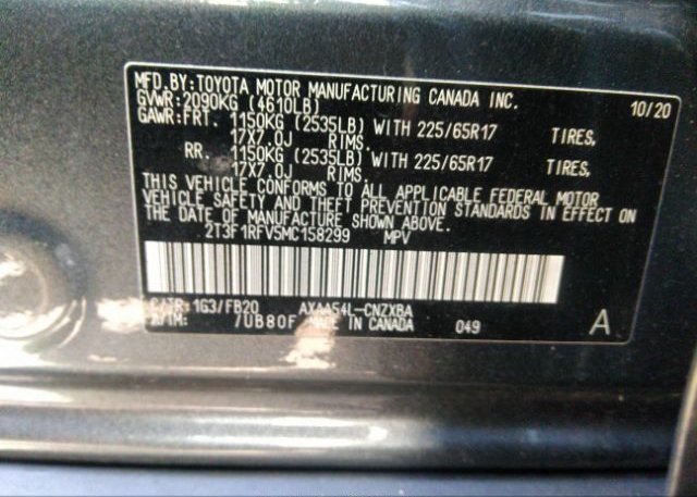 2021 TOYOTA RAV4(VIN: 2T3F1RFV5MC158299