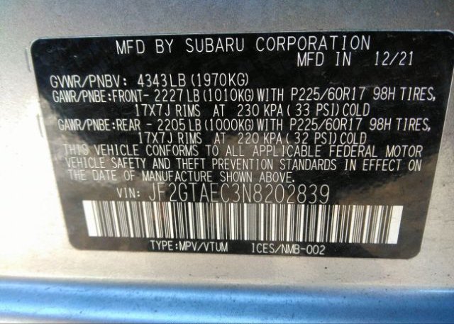 2022 SUBARU CROSSTREK(VIN: JF2GTAEC3N8202839