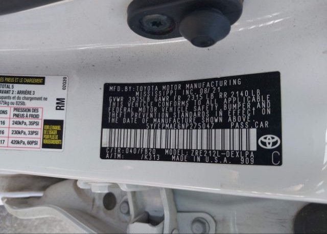 2022 TOYOTA COROLLA(VIN: 5YFEPMAE6NP275047