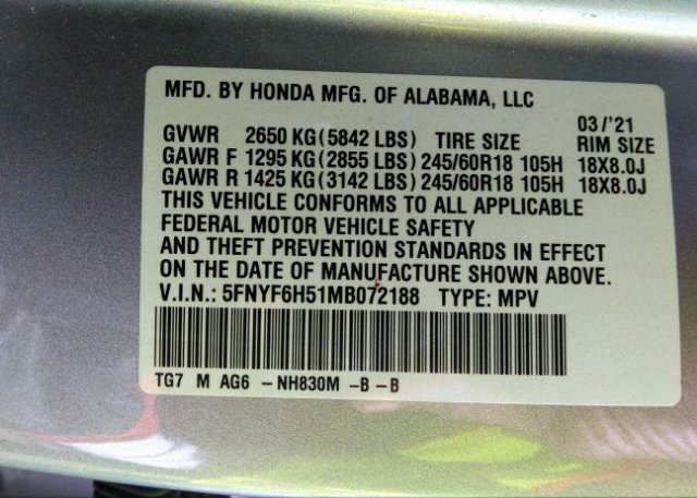 2021 HONDA PILOT(VIN: 5FNYF6H51MB072188