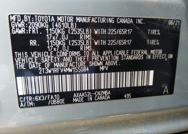 2021 TOYOTA RAV4(VIN: 2T3W1RFV4MW155084