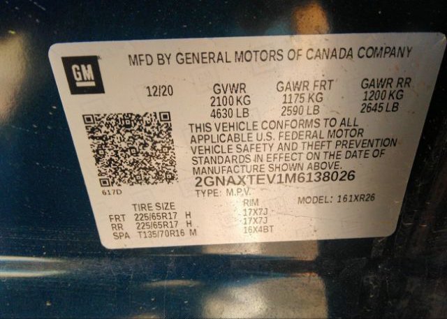 2021 CHEVROLET EQUINOX(VIN: 2GNAXTEV1M6138026