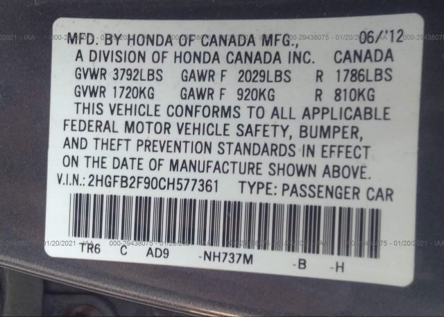 2HGFB2F90CH577361 2012 HONDA CIVIC SDN
