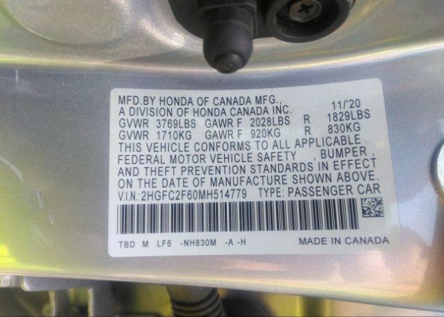 2021 HONDA CIVIC SEDAN(VIN: 2HGFC2F60MH514779