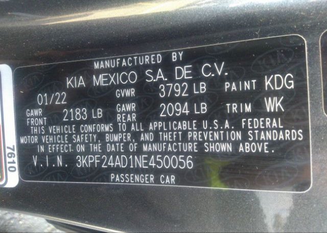 2022 KIA FORTE(VIN: 3KPF24AD1NE450056