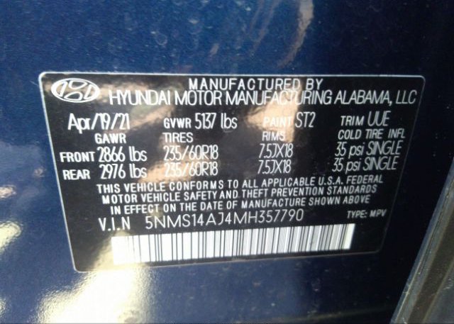 2021 HYUNDAI SANTA FE(VIN: 5NMS14AJ4MH357790