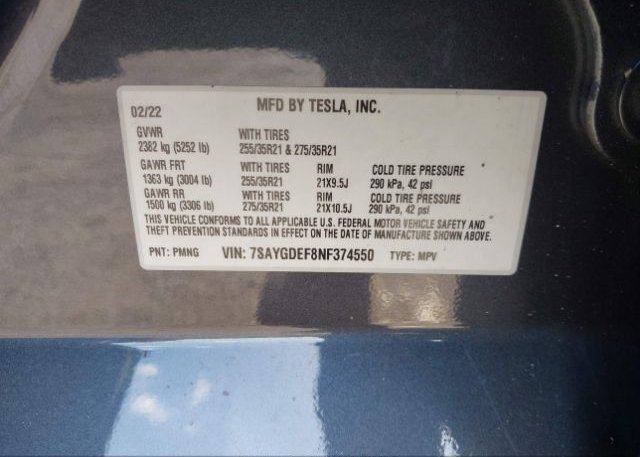 2022 TESLA MODEL Y(VIN: 7SAYGDEF8NF374550