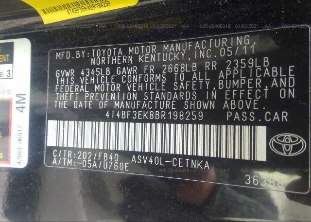 4T4BF3EK8BR198259 2011 TOYOTA CAMRY