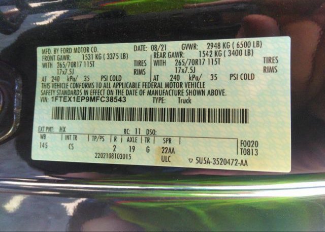 2021 FORD F-150(VIN: 1FTEX1EP9MFC38543