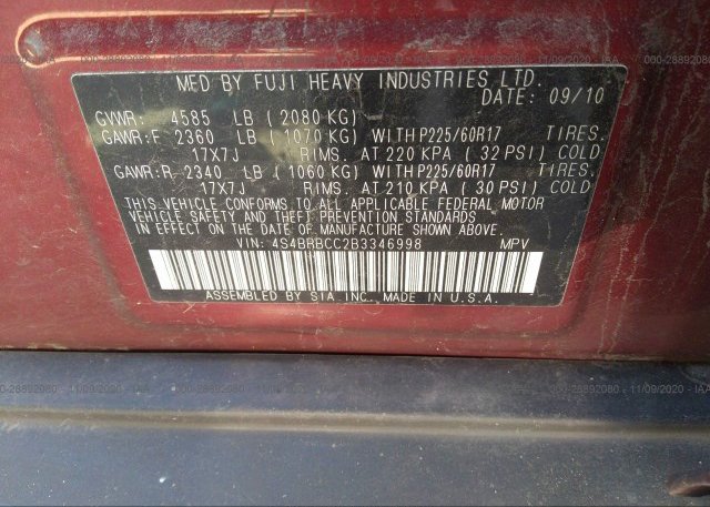 4S4BRBCC2B3346998 2011 SUBARU OUTBACK