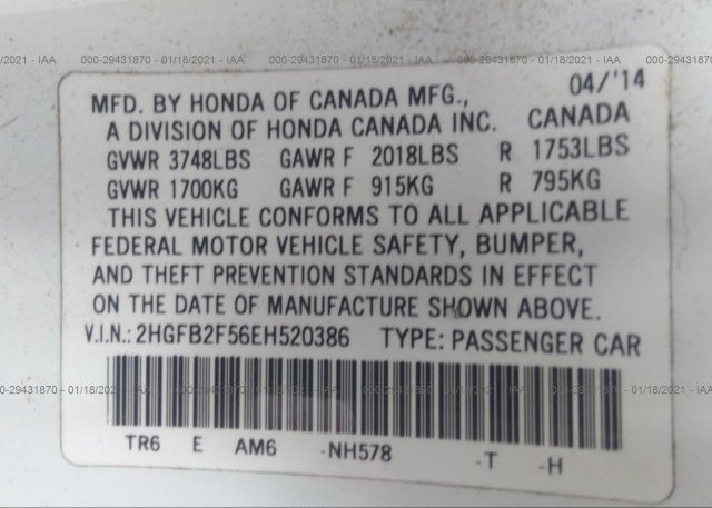 2HGFB2F56EH520386 2014 HONDA CIVIC SEDAN