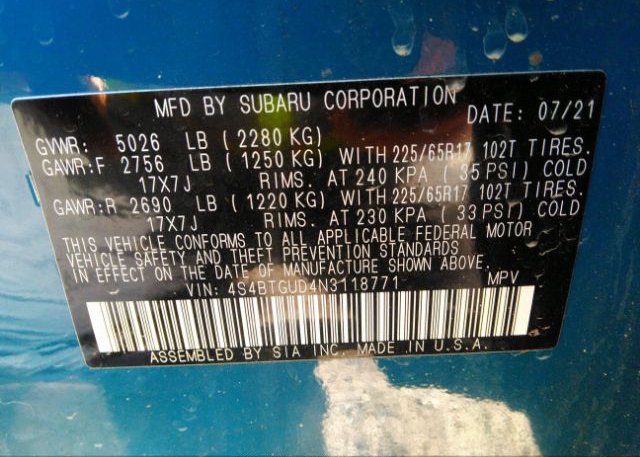 2022 SUBARU OUTBACK(VIN: 4S4BTGUD4N3118771