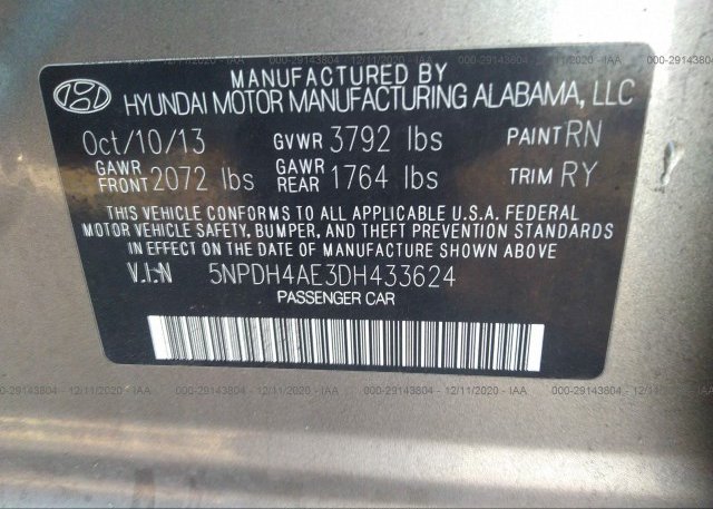 5NPDH4AE3DH433624 2013 HYUNDAI ELANTRA