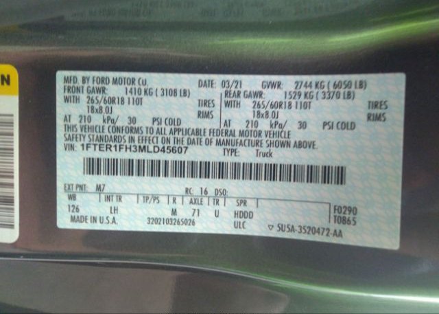 2021 FORD RANGER(VIN: 1FTER1FH3MLD45607