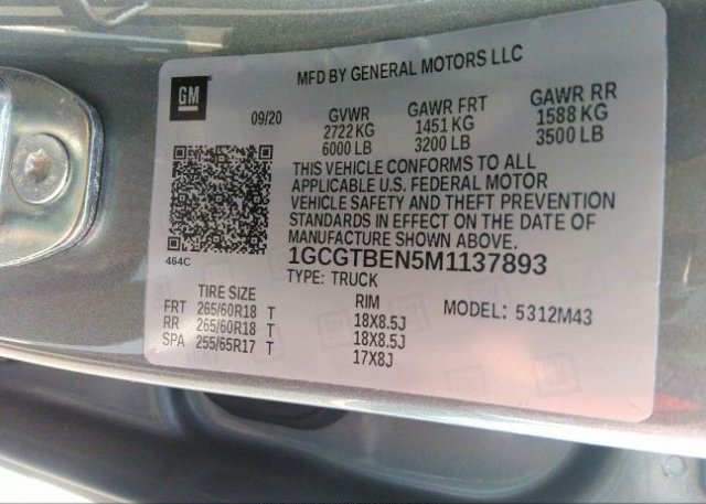 2021 CHEVROLET COLORADO(VIN: 1GCGTBEN5M1137893