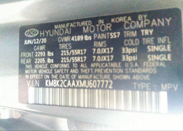 2021 HYUNDAI KONA(VIN: KM8K2CAAXMU607772