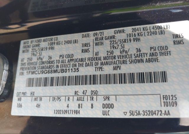 2021 FORD ESCAPE(VIN: 1FMCU9G68MUB01135