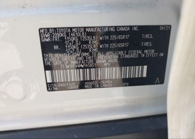 2021 TOYOTA RAV4(VIN: 2T3W1RFV4MW145851
