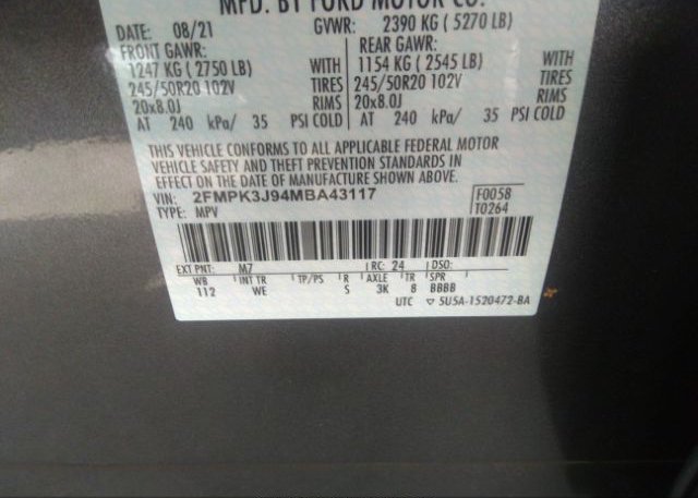 2021 FORD EDGE(VIN: 2FMPK3J94MBA43117