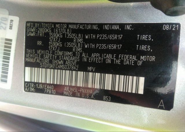 2021 TOYOTA SIENNA(VIN: 5TDYSKFC4MS037842