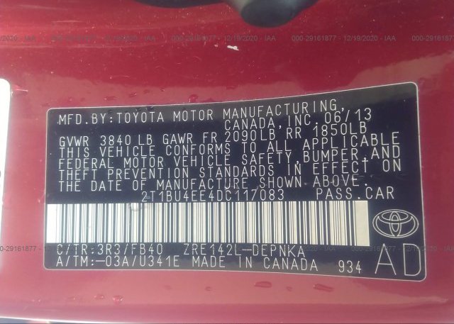 2T1BU4EE4DC117083 2013 TOYOTA COROLLA