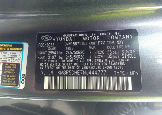 2022 HYUNDAI PALISADE(VIN: KM8R5DHE7NU444777