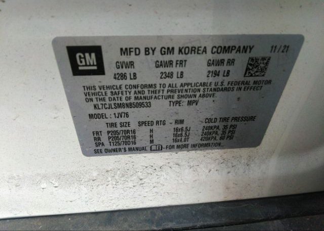 2022 CHEVROLET TRAX(VIN: KL7CJLSM8NB509533