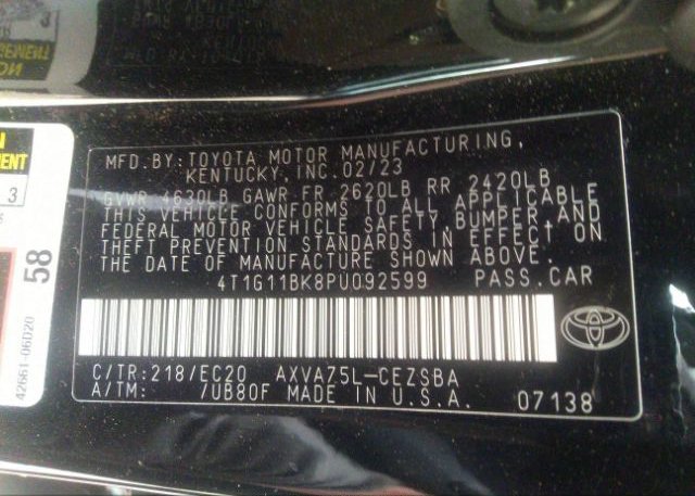 2023 TOYOTA CAMRY(VIN: 4T1G11BK8PU092599