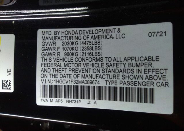 2021 HONDA ACCORD SEDAN(VIN: 1HGCV1F32MA089674
