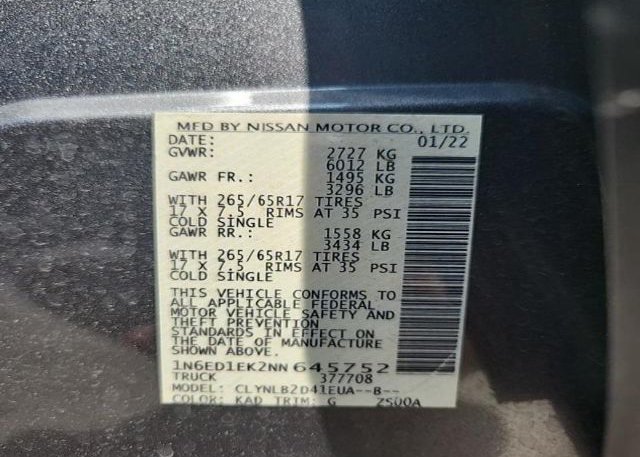 2022 NISSAN FRONTIER(VIN: 1N6ED1EK2NN645752