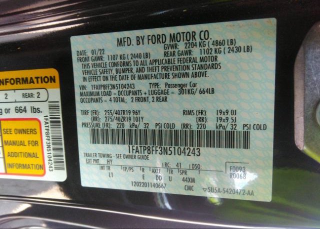 2022 FORD MUSTANG(VIN: 1FATP8FF3N5104243