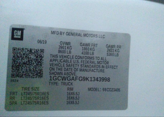2019 CHEVROLET EXPRESS CARGO VAN VIN: 1GCWGAFG9K1343998