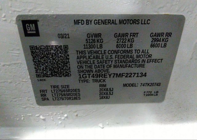 2021 GENERAL MOTORS SIERRA 2500HD(VIN: 1GT49REY7MF227134