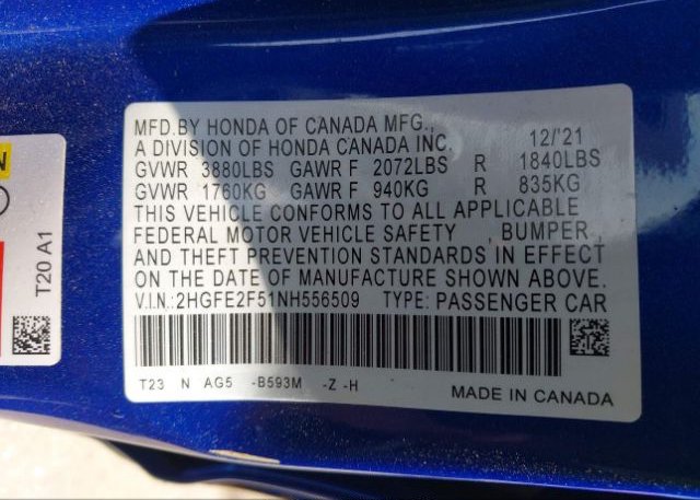 2022 HONDA CIVIC SEDAN(VIN: 2HGFE2F51NH556509