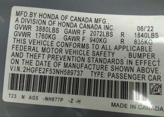 2022 HONDA CIVIC SEDAN(VIN: 2HGFE2F53NH589737