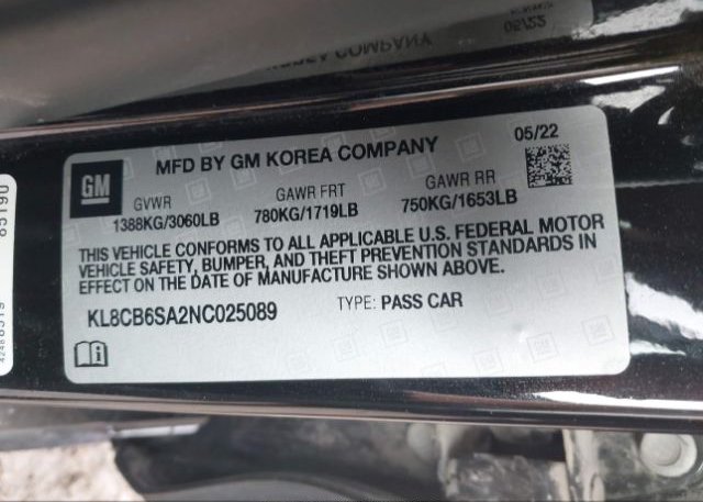 2022 CHEVROLET SPARK(VIN: KL8CB6SA2NC025089