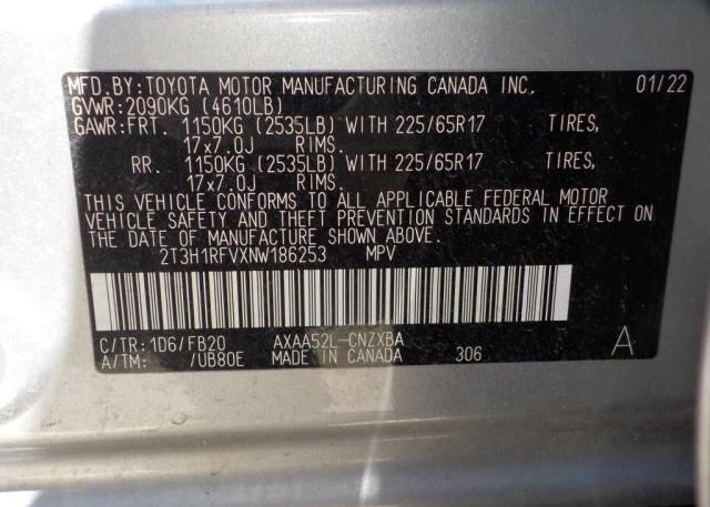 2022 TOYOTA RAV4(VIN: 2T3H1RFVXNW186253