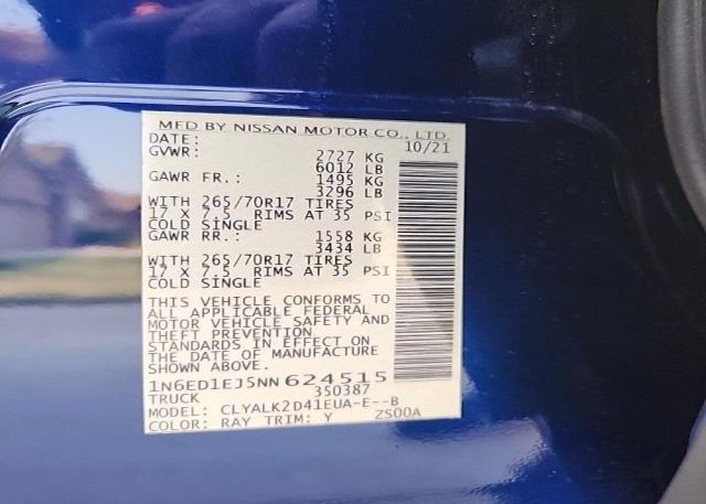 2022 NISSAN FRONTIER(VIN: 1N6ED1EJ5NN624515