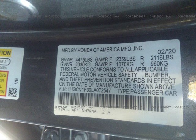 1HGCV1F30LA072547 2020 HONDA ACCORD SEDAN