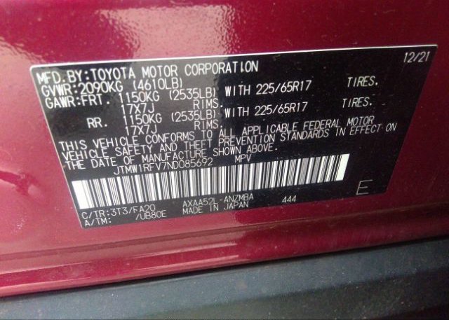 2022 TOYOTA RAV4(VIN: JTMW1RFV7ND085692