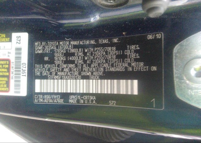 5TFRM5F1XAX020130 2010 TOYOTA TUNDRA 2WD TRUCK