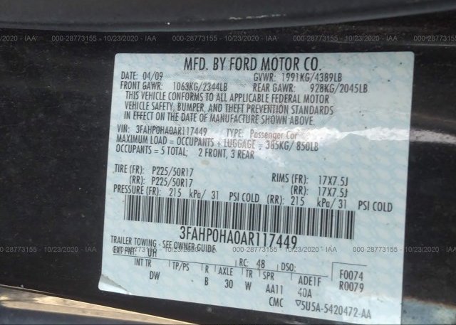 3FAHP0HA0AR117449 2010 FORD FUSION