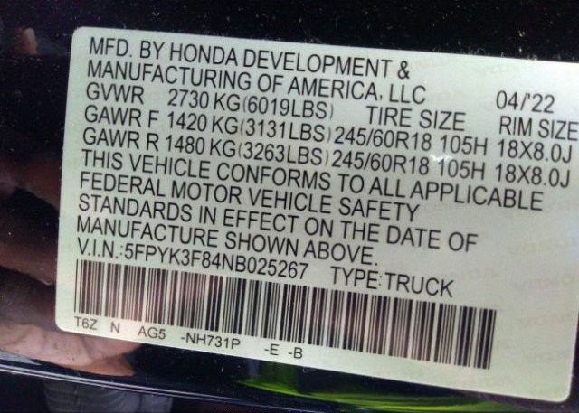 2022 HONDA RIDGELINE(VIN: 5FPYK3F84NB025267