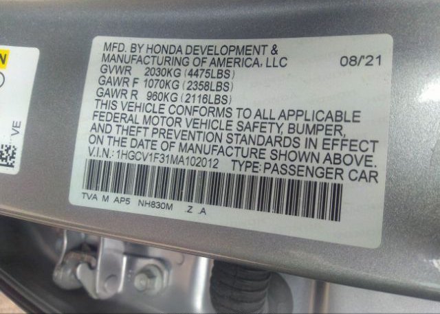 2021 HONDA ACCORD SEDAN(VIN: 1HGCV1F31MA102012