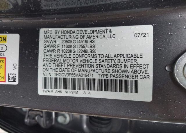 2021 HONDA ACCORD HYBRID(VIN: 1HGCV3F55MA019471
