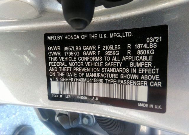 2021 HONDA CIVIC HATCHBACK(VIN: SHHFK7H40MU415930