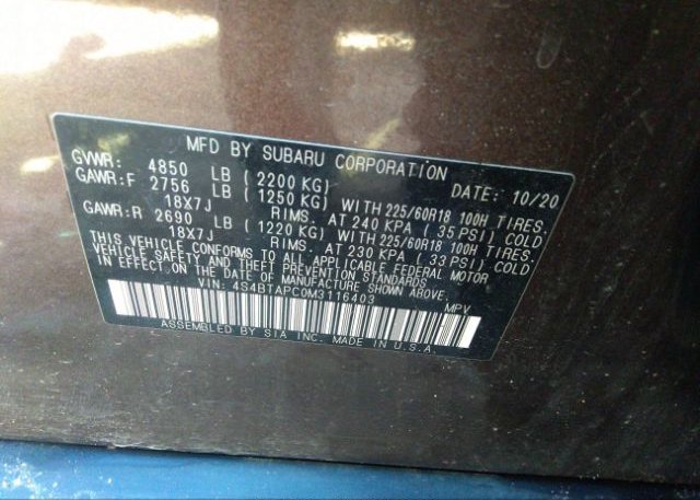 2021 SUBARU OUTBACK(VIN: 4S4BTAPC0M3116403